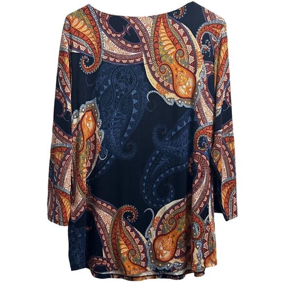 Women's Blue and Orange Paisley Print Chico's 3/4 Sleeve Blouse Size 2 - Picture 3 of 4